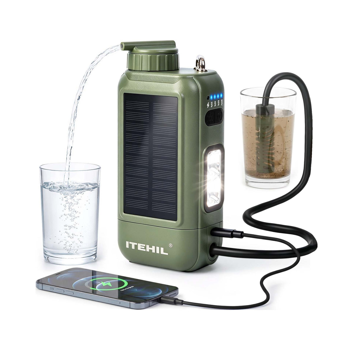 ITEHIL E01 Mini-Wasserfiltersystem mit Solarpanel, Licht und Powerbankfunktion